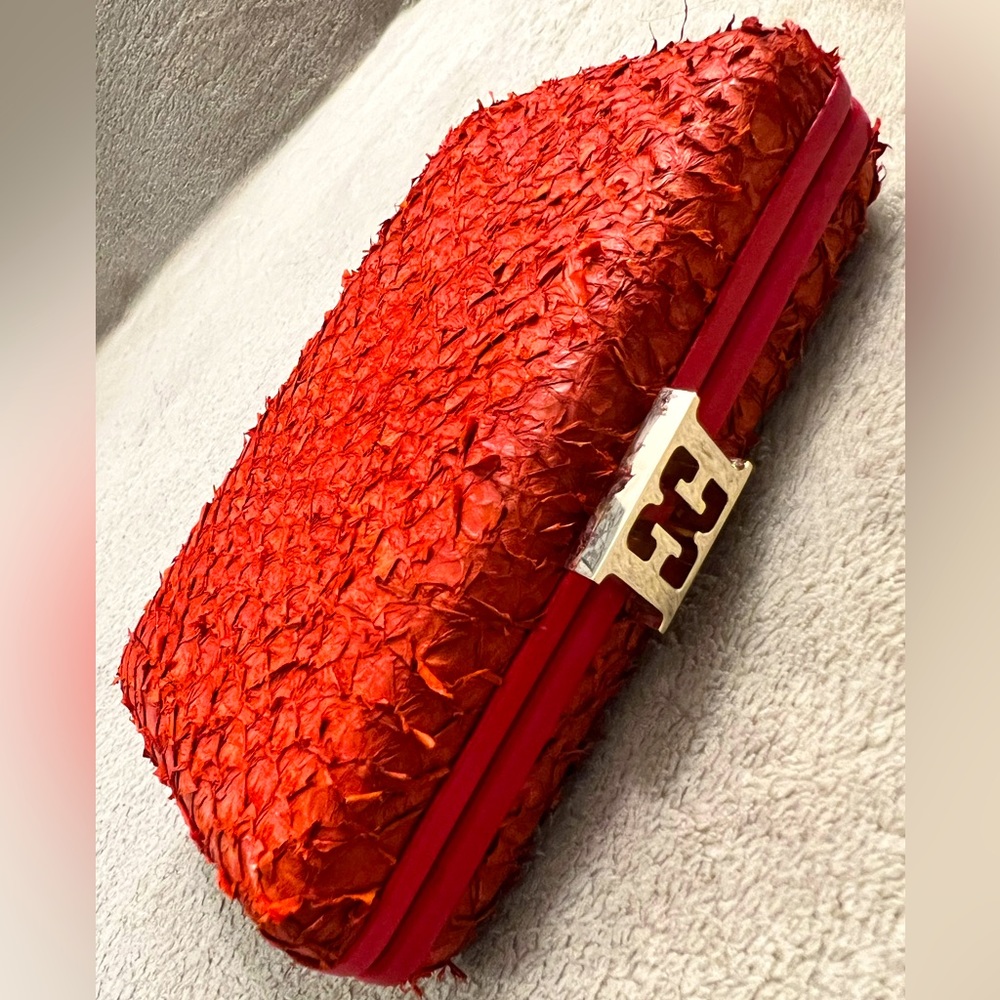 Escada Foliage Textured Red Clutch with hidden gold chain